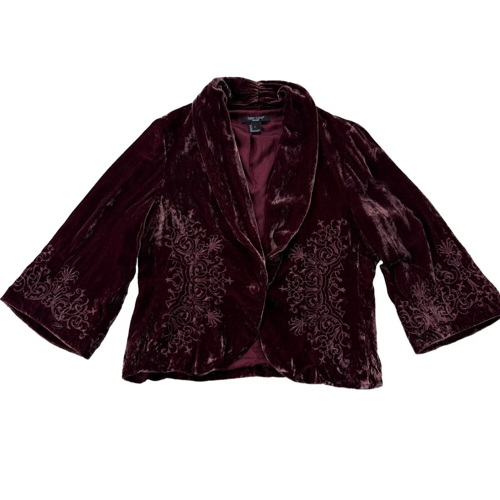 Karen Kane Burgundy Velvet Embroidered One Button Bolero Jacket Sz Large Blazer